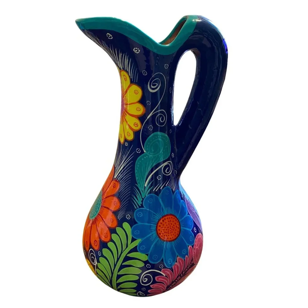Terracotta hand-painted floral‎ jug bright boho unique clay flowers, Mexican